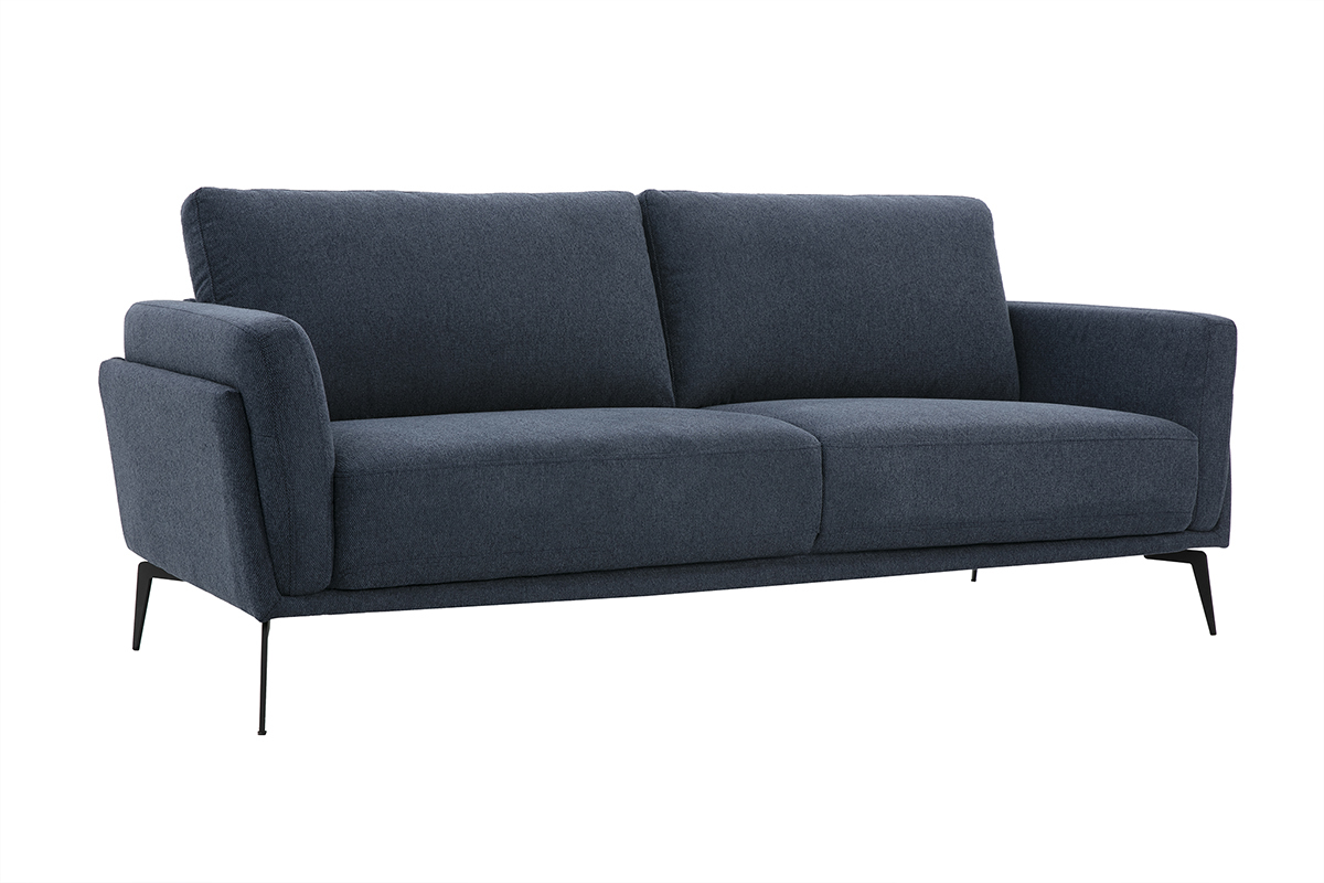 Canap design 3 places en tissu effet velours textur bleu fonc et mtal noir MOSCO