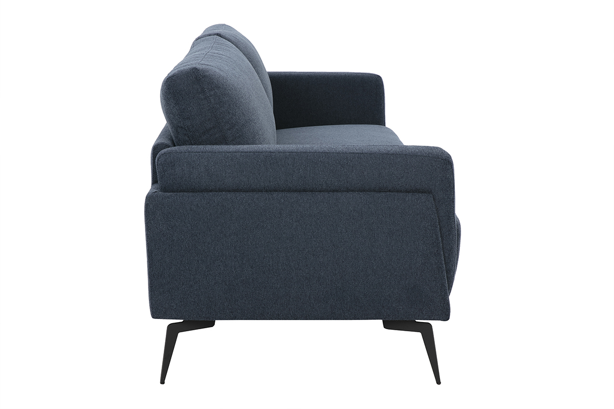 Canap design 3 places en tissu effet velours textur bleu fonc et mtal noir MOSCO