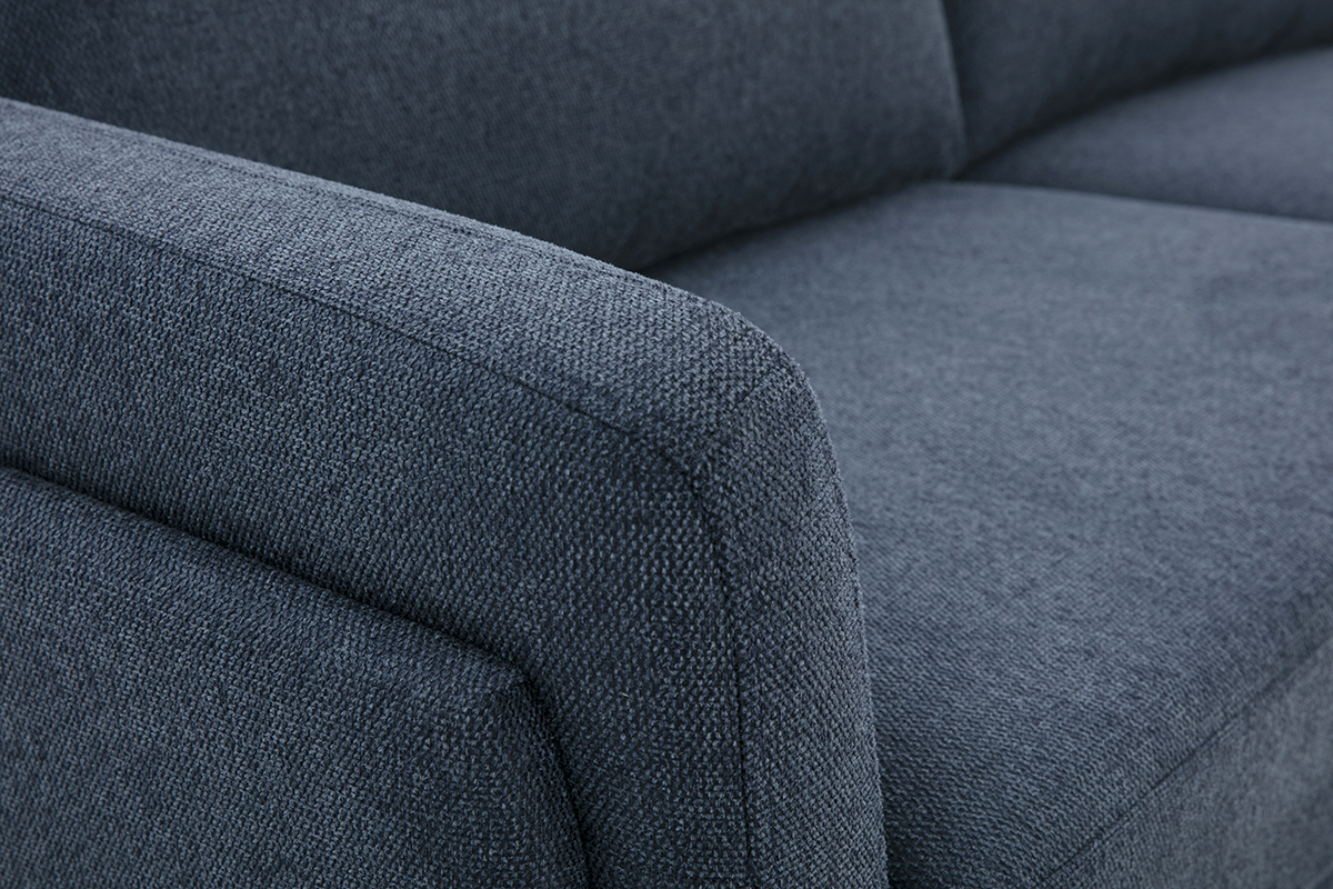 Canap design 3 places en tissu effet velours textur bleu fonc et mtal noir MOSCO