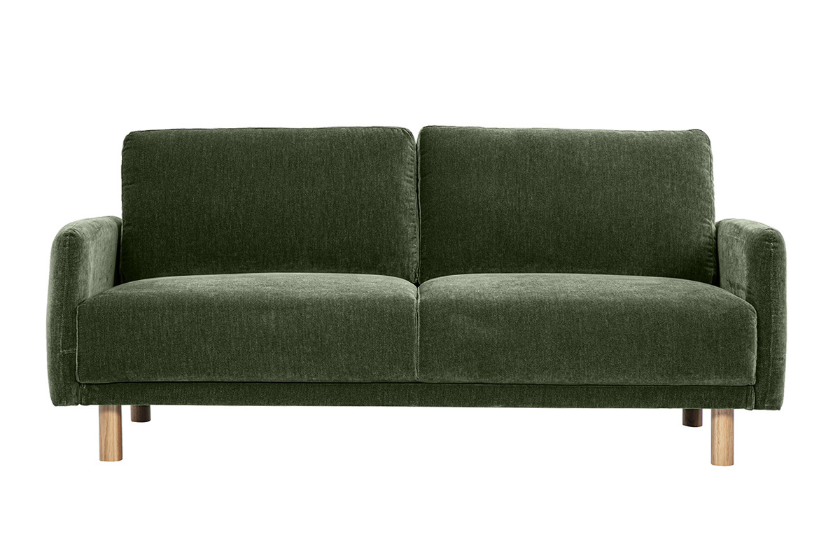 Canap� design 3 places en tissu effet velours vert kaki et bois clair BONO