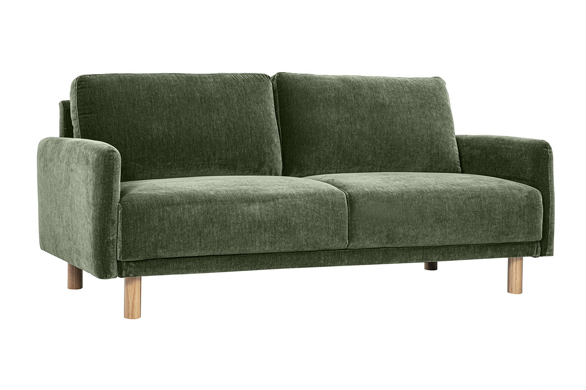 Canap� design 3 places en tissu effet velours vert kaki et bois clair BONO