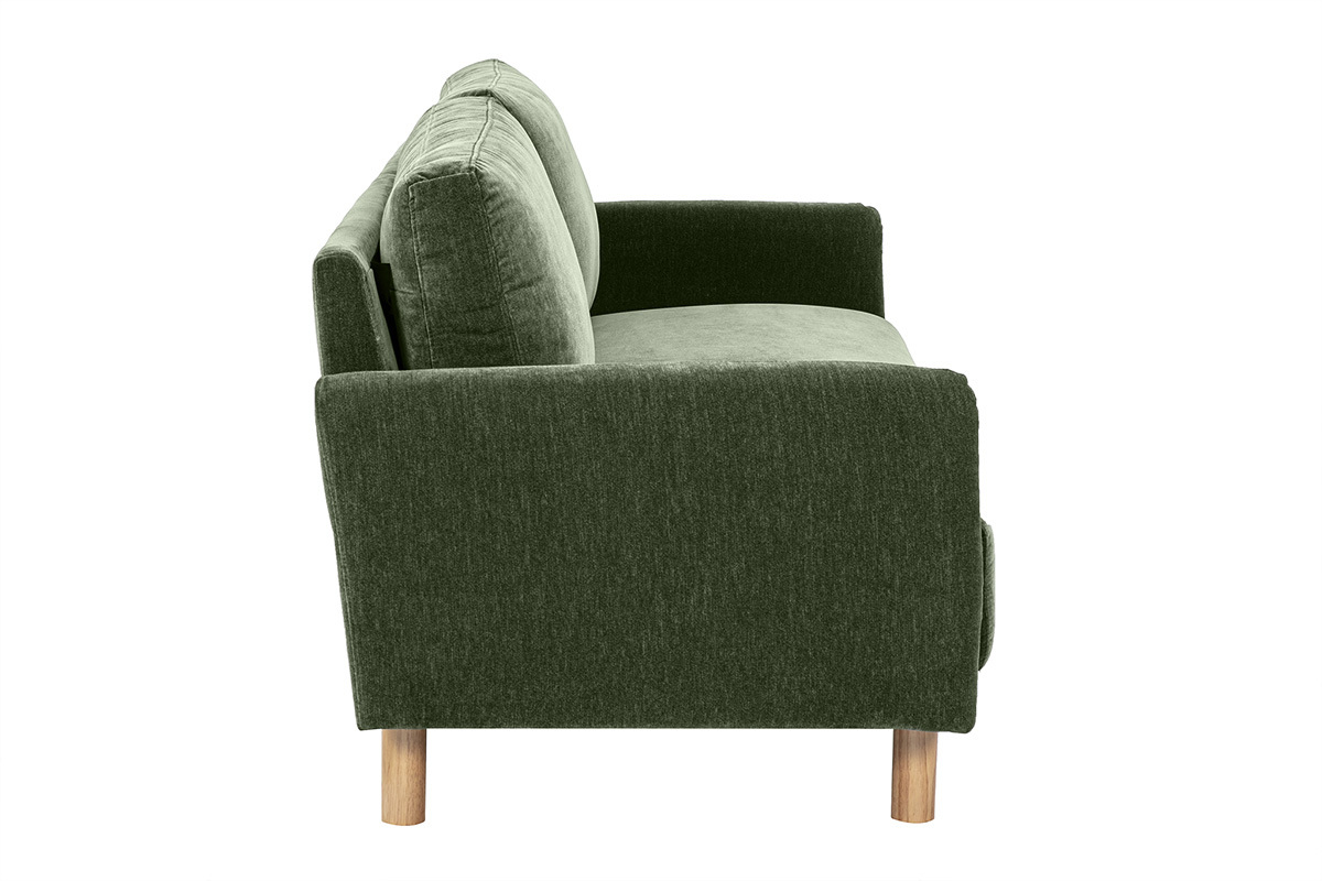 Canap� design 3 places en tissu effet velours vert kaki et bois clair BONO