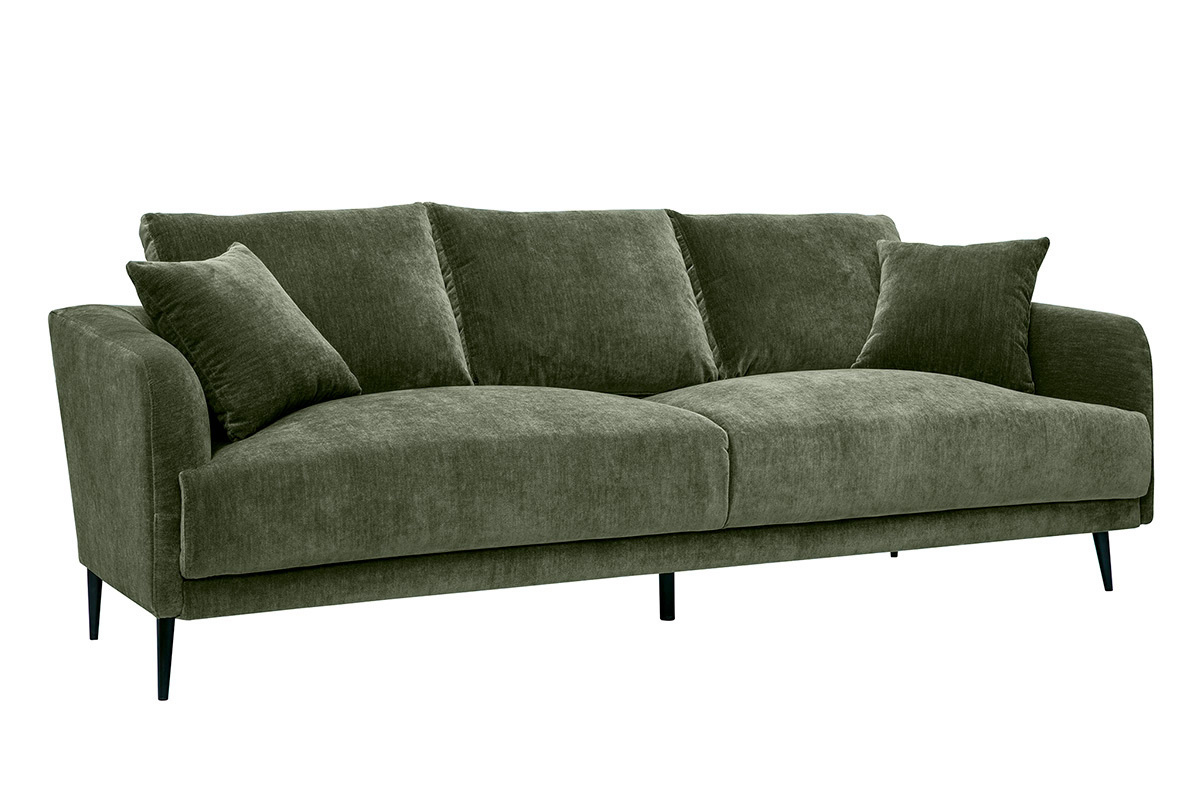 Canap design 3 places en tissu effet velours vert kaki et mtal noir JERRY