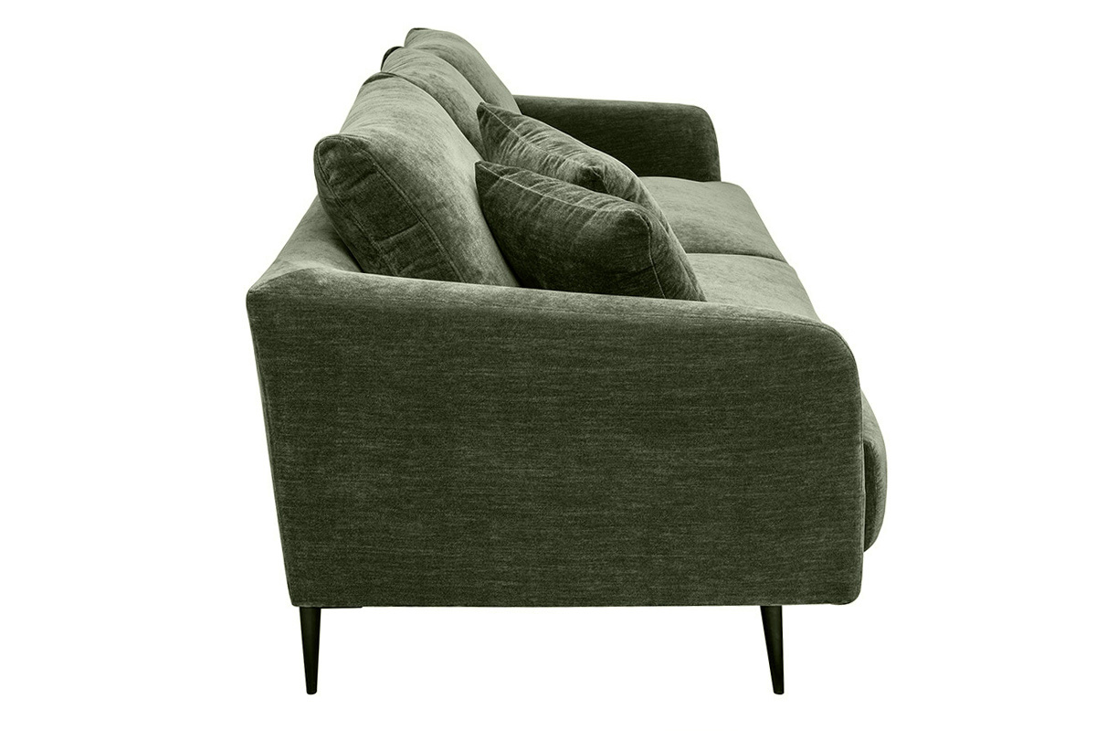 Canap design 3 places en tissu effet velours vert kaki et mtal noir JERRY