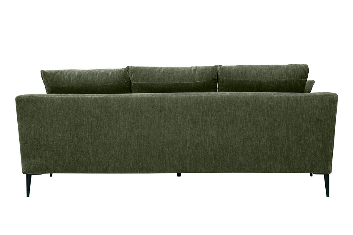 Canap design 3 places en tissu effet velours vert kaki et mtal noir JERRY
