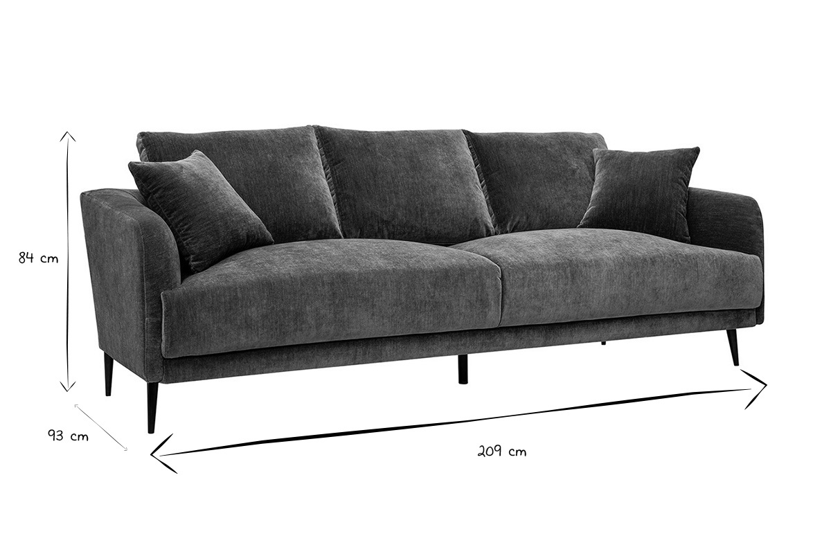 Canap design 3 places en tissu effet velours vert kaki et mtal noir JERRY
