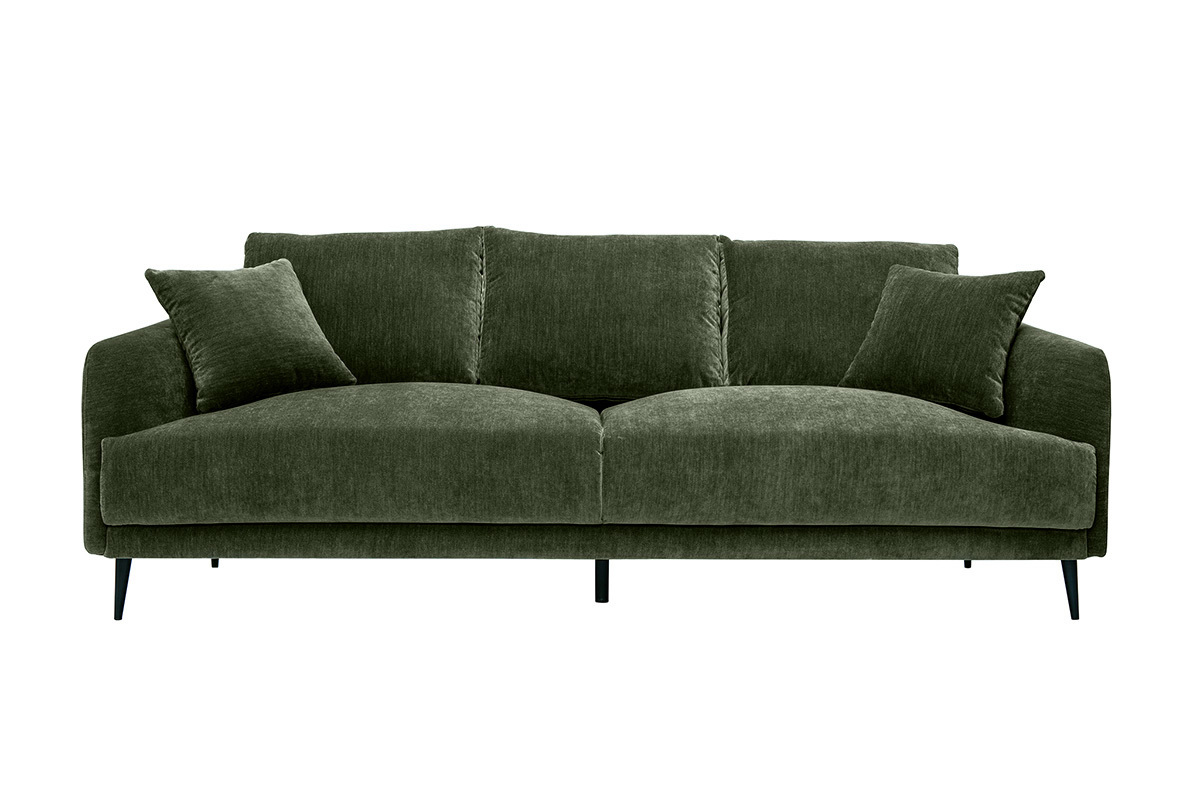 Canap design 3 places en tissu effet velours vert kaki et mtal noir JERRY