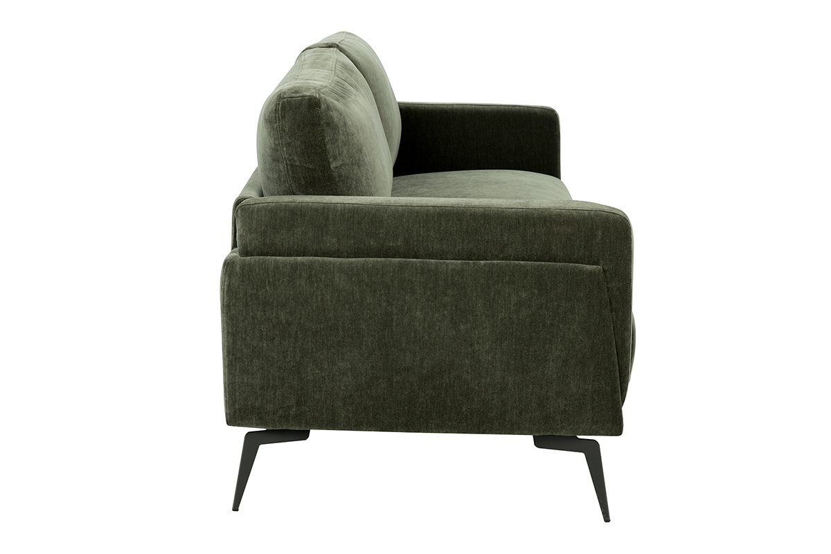 Canap design 3 places en tissu effet velours vert kaki et mtal noir MOSCO