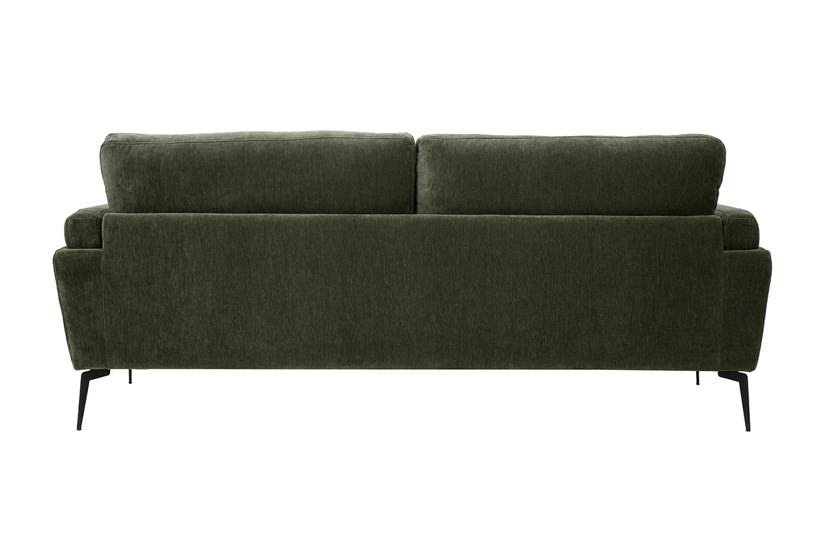 Canap design 3 places en tissu effet velours vert kaki et mtal noir MOSCO