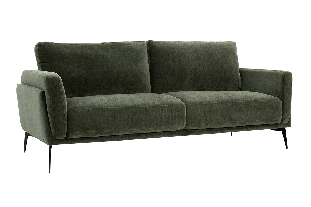 Canap design 3 places en tissu effet velours vert kaki et mtal noir MOSCO