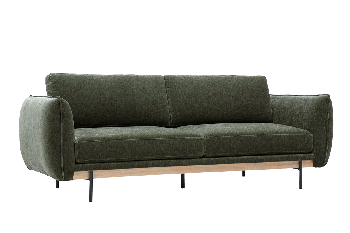 Canap� design 3 places en tissu effet velours vert kaki et m�tal noir TODD