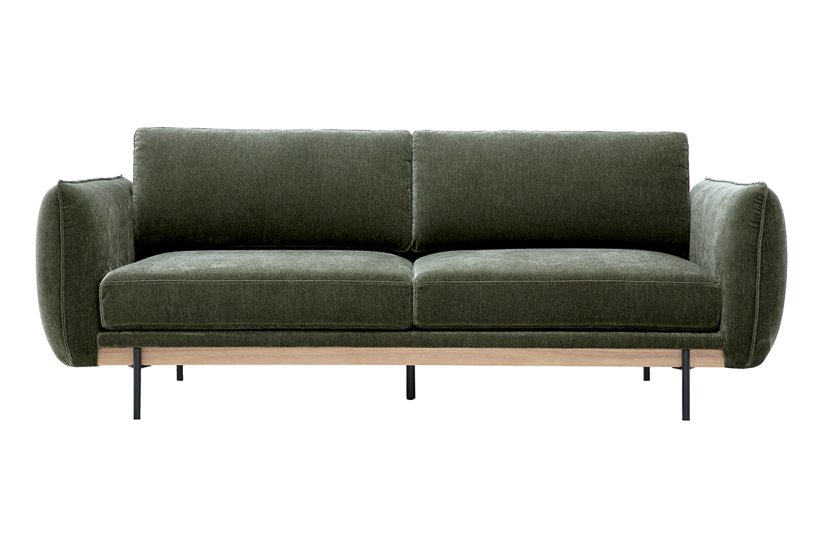 Canap� design 3 places en tissu effet velours vert kaki et m�tal noir TODD