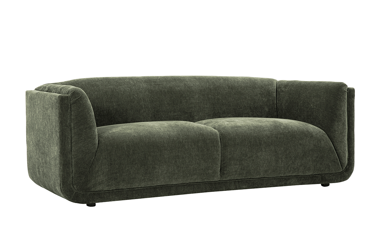 Canap design 3 places en tissu effet velours vert kaki HOSBO