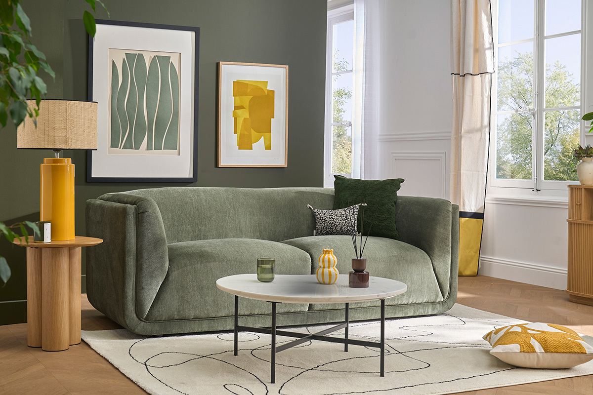 Canap� design 3 places en tissu effet velours vert kaki HOSBO