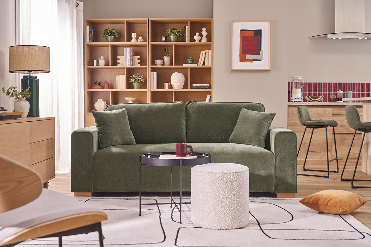 Canap� design 3 places en tissu effet velours vert kaki PEPPER