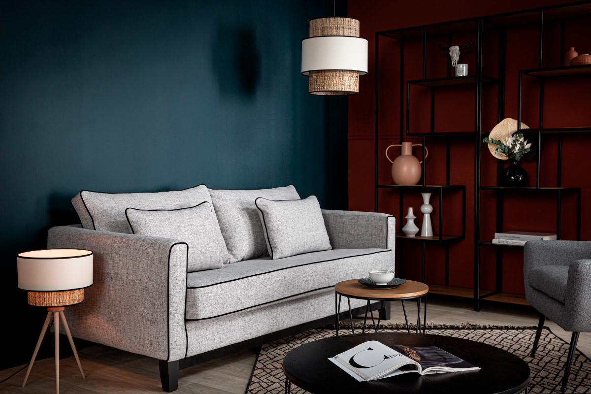 Canap design 3 places en tissu gris chin et velours noir HARRISON