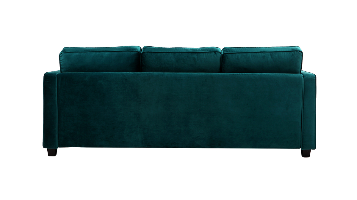 Canapé design 3 places en tissu velours bleu pétrole et bois noir BROOKLYN