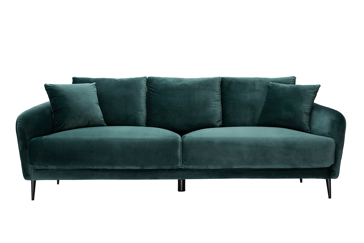 Canap design 3 places en tissu velours bleu ptrole et mtal noir JERRY