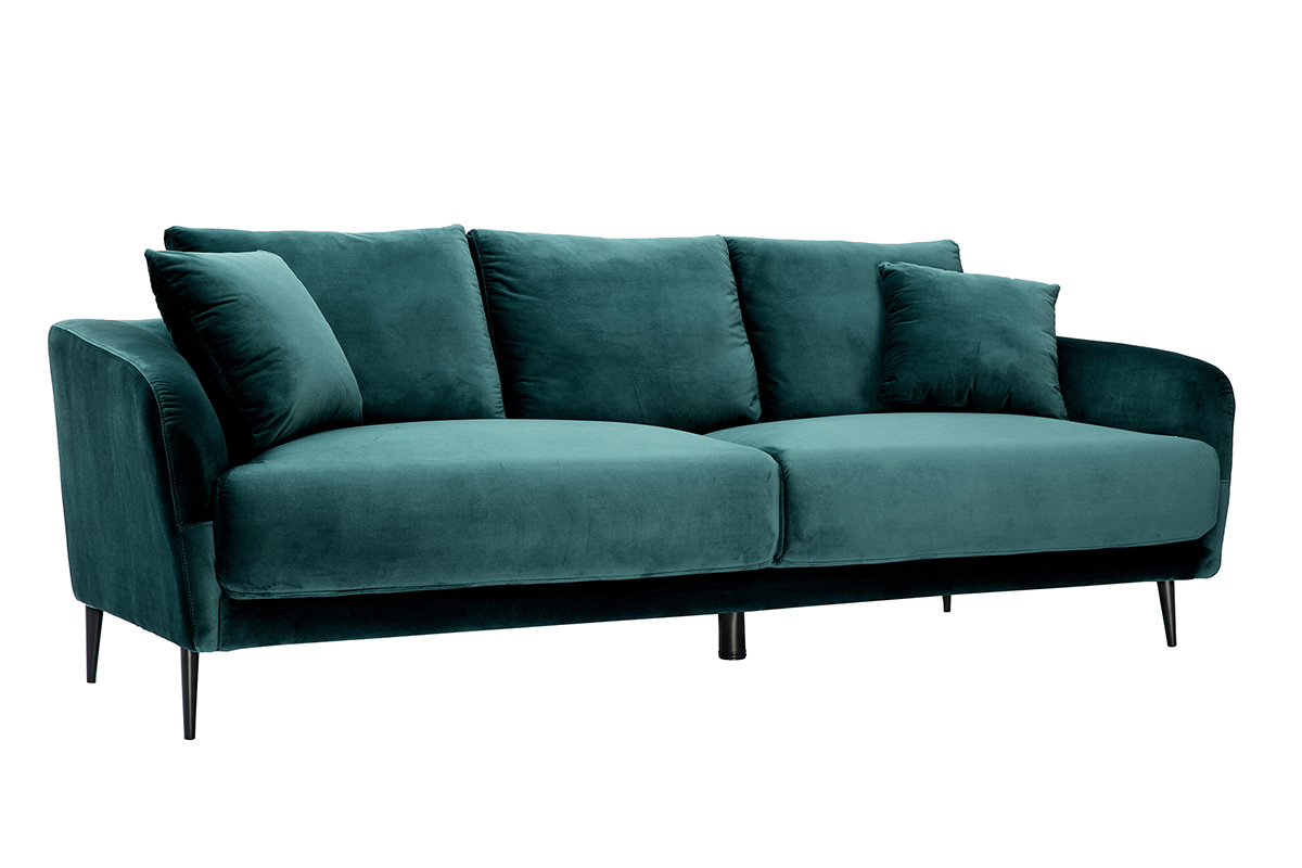 Canap design 3 places en tissu velours bleu ptrole et mtal noir JERRY