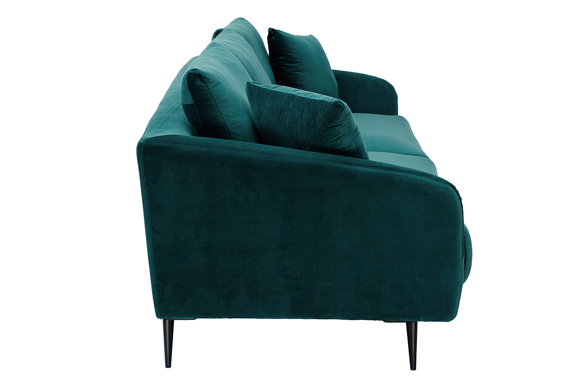 Canap design 3 places en tissu velours bleu ptrole et mtal noir JERRY