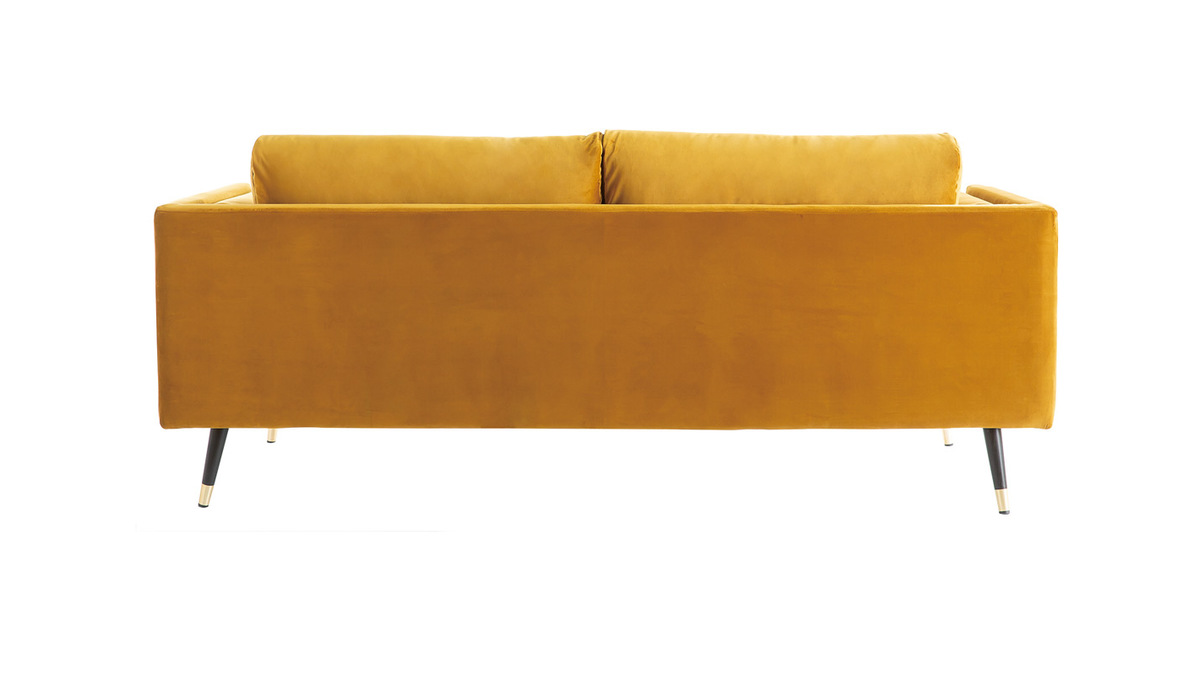 Canap design 3 places en tissu velours jaune moutarde, bois noir et mtal dor STING