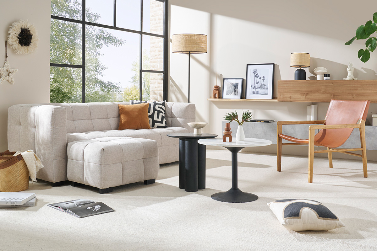 Canap� design 3 places et repose-pieds en cuir marron CORTO