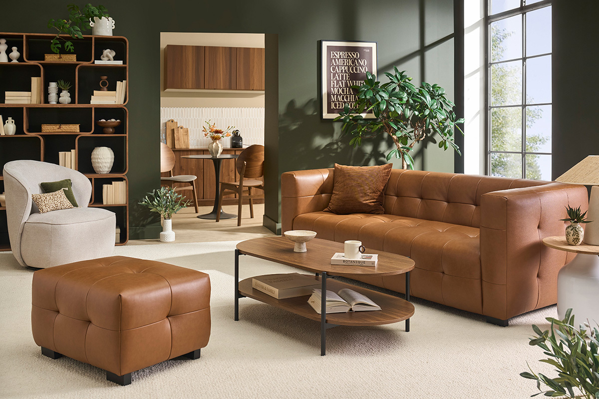 Canap� design 3 places et repose-pieds en cuir marron CORTO