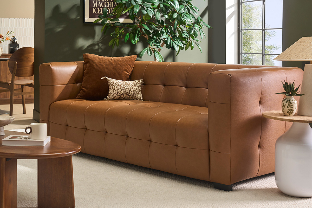 Canap� design 3 places et repose-pieds en cuir marron CORTO