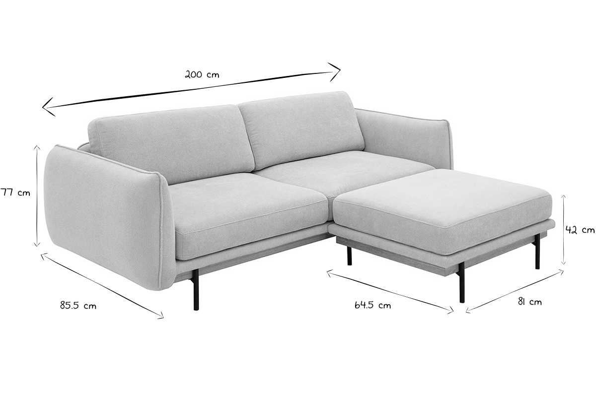 Canap design 3 places et repose-pieds en tissu chenille beige et mtal noir TODD