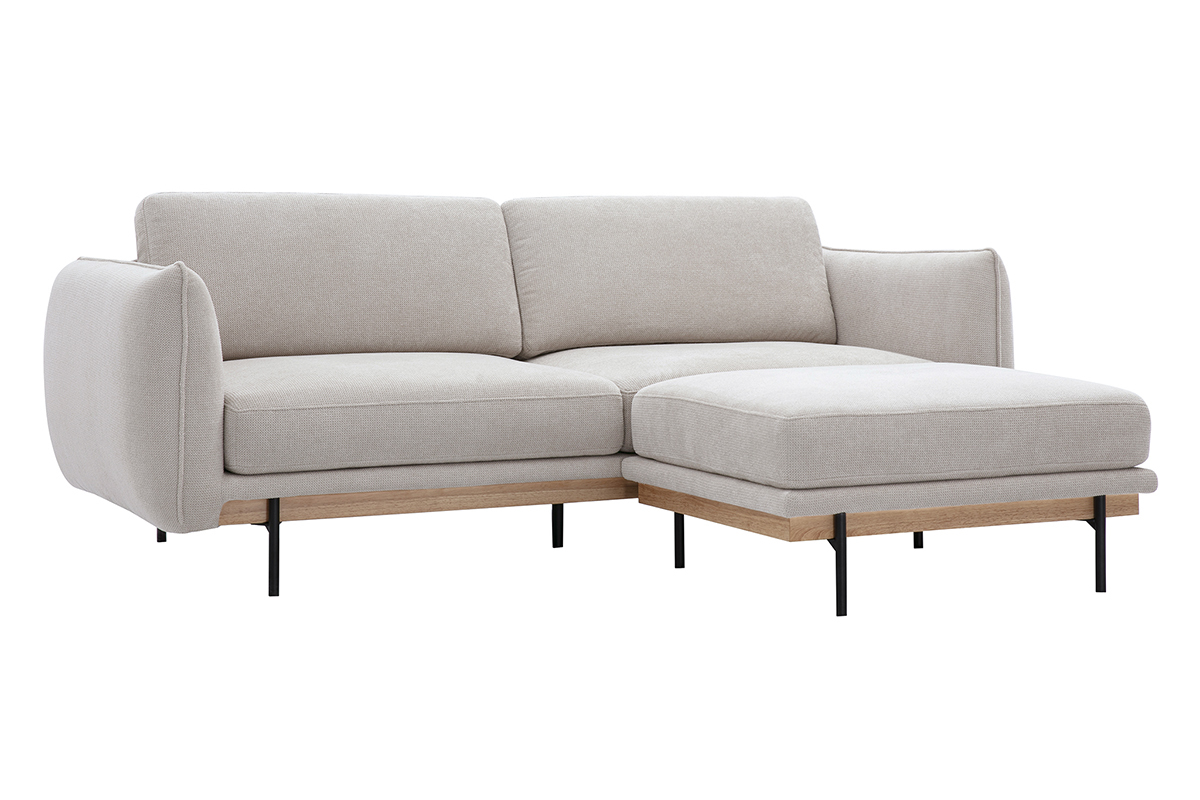 Canap design 3 places et repose-pieds en tissu chenille beige et mtal noir TODD