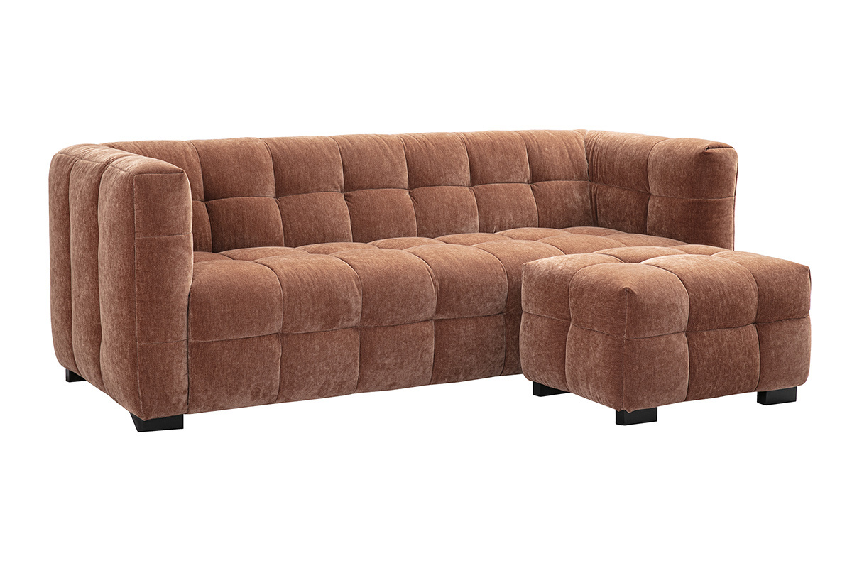 Canap design 3 places et repose-pieds en tissu effet velours marron noisette CORTO