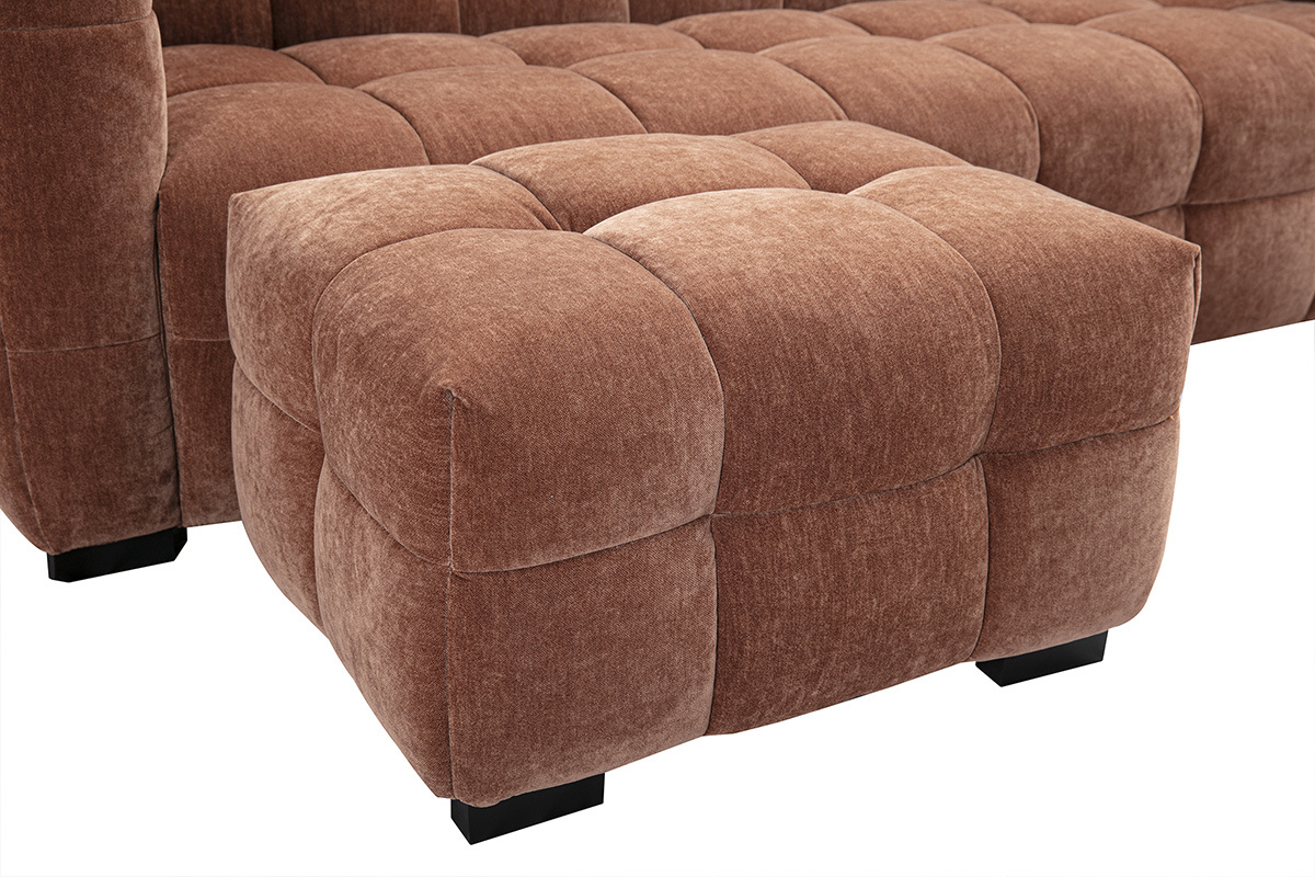 Canap design 3 places et repose-pieds en tissu effet velours marron noisette CORTO
