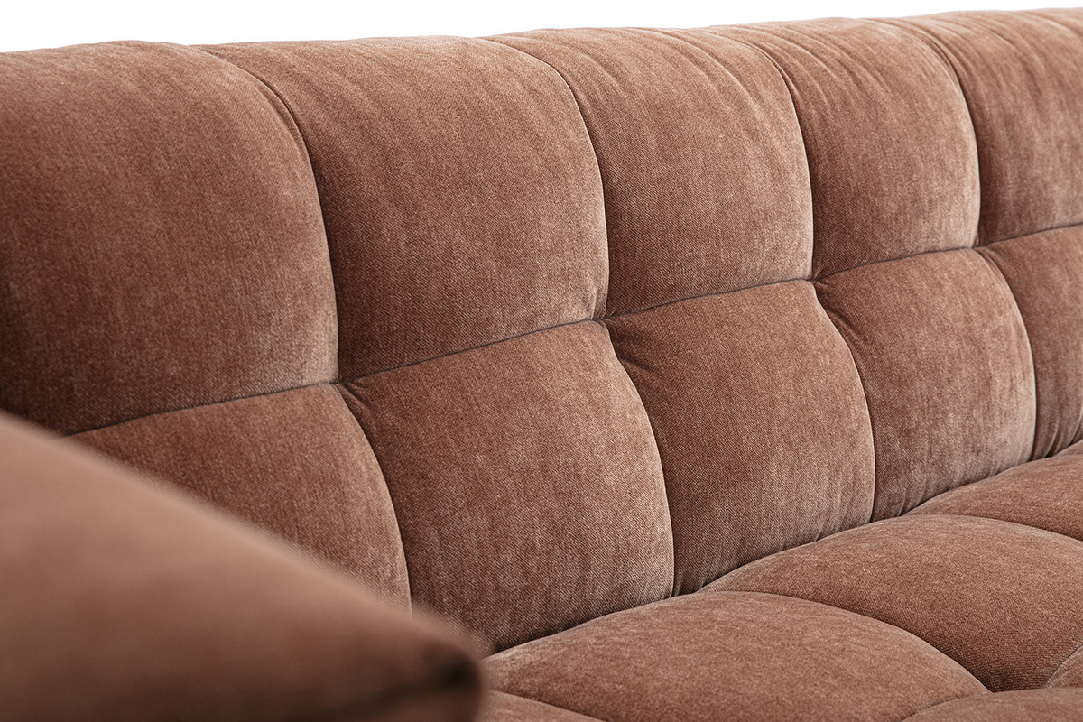 Canap design 3 places et repose-pieds en tissu effet velours marron noisette CORTO