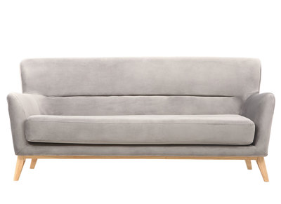 Canap&eacute; design 3 places gris velours pieds en bois MARKUS