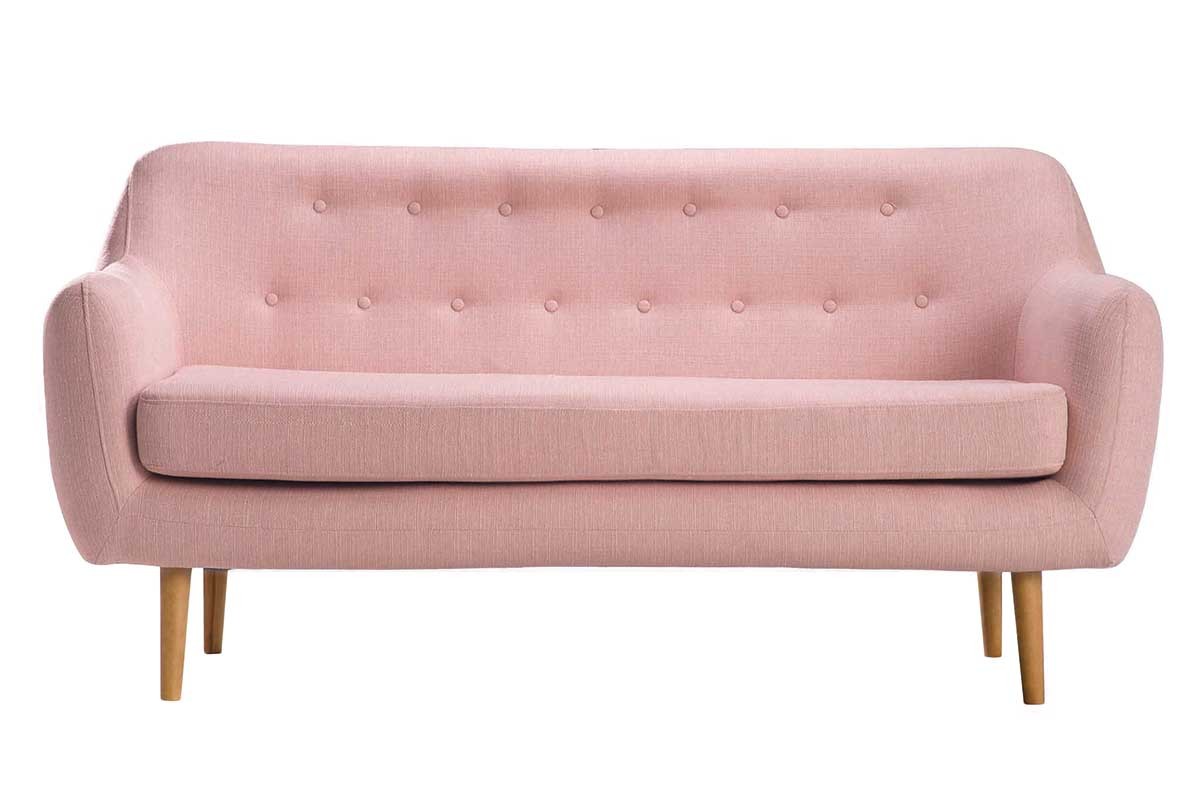Canap� design 3 places h�tre et tissu vieux rose OLAF