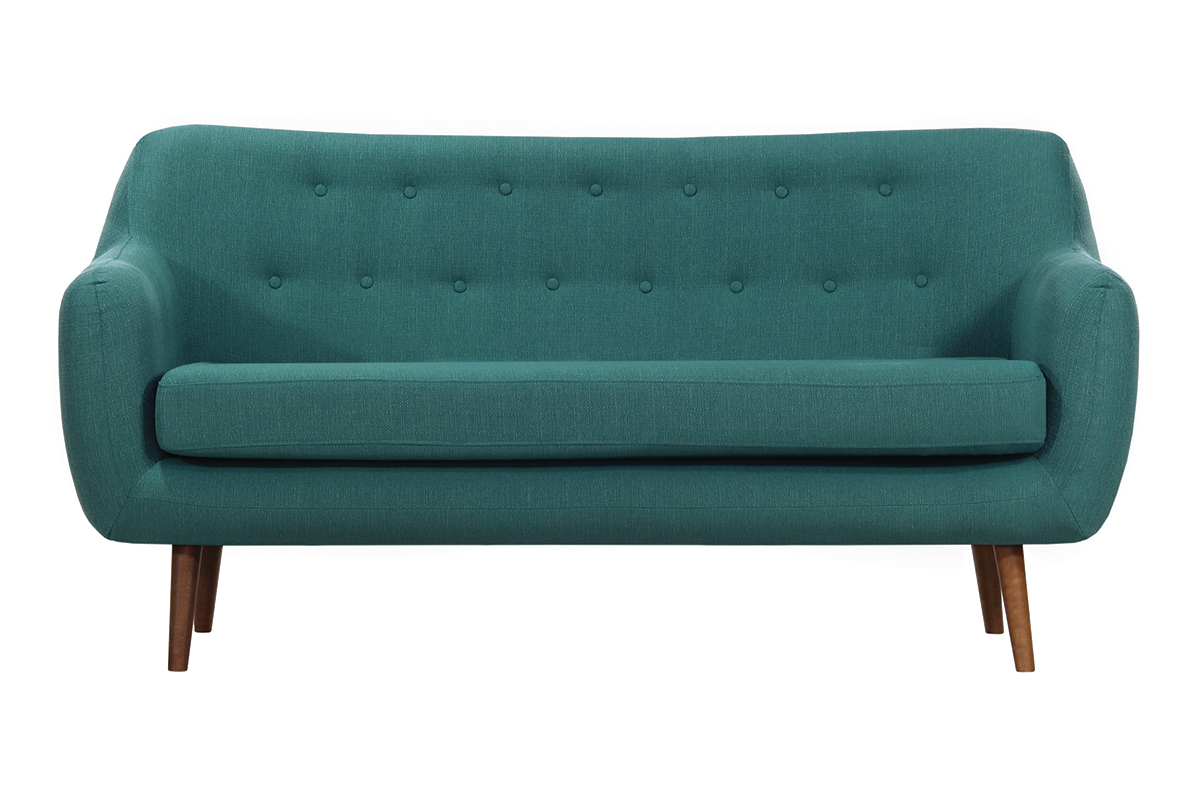 Canap� design 3 places tissu bleu canard pieds noyer OLAF