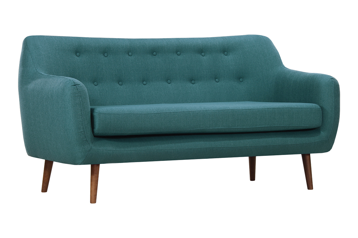 Canap� design 3 places tissu bleu canard pieds noyer OLAF