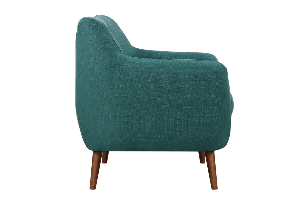 Canap� design 3 places tissu bleu canard pieds noyer OLAF