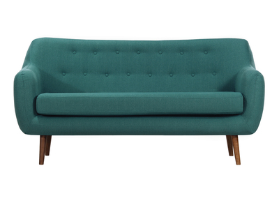 Canap&eacute; design 3 places tissu bleu canard pieds noyer OLAF