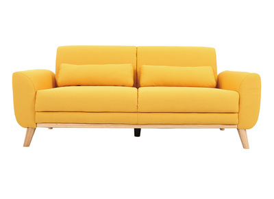 Canap&eacute; design 3 places tissu jaune pieds ch&ecirc;ne EKTOR