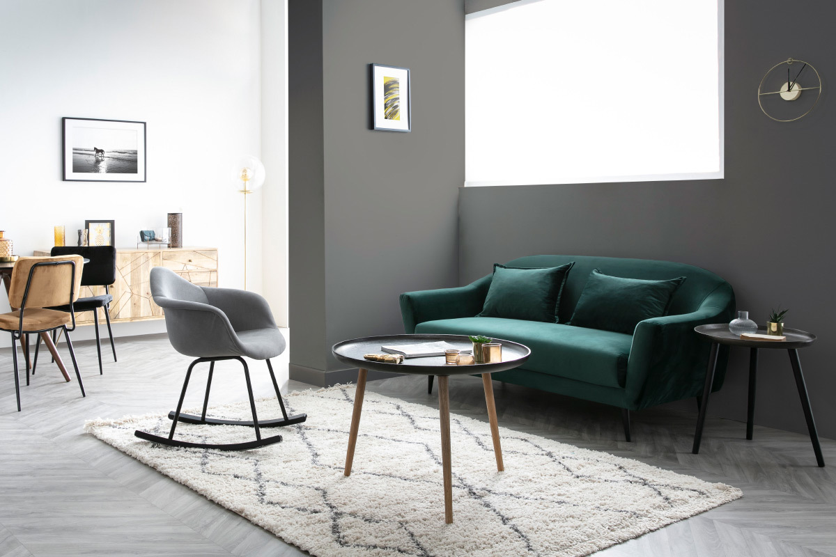 Canap design 3 places velours vert fort FOLIES
