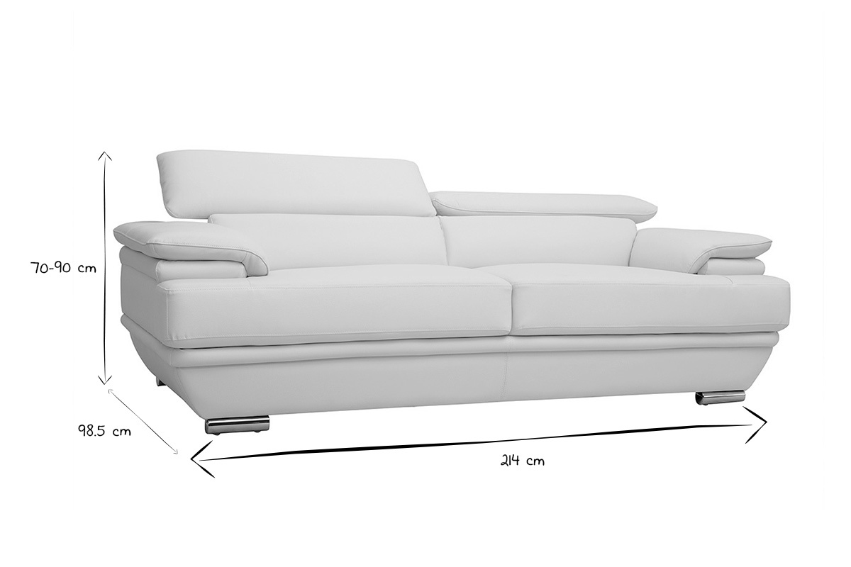 Canap design avec ttires ajustables 3 places cuir blanc et acier chrom EWING
