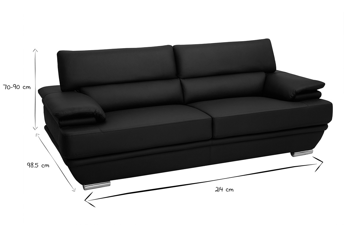 Canap design avec ttires ajustables 3 places cuir noir et acier chrom EWING