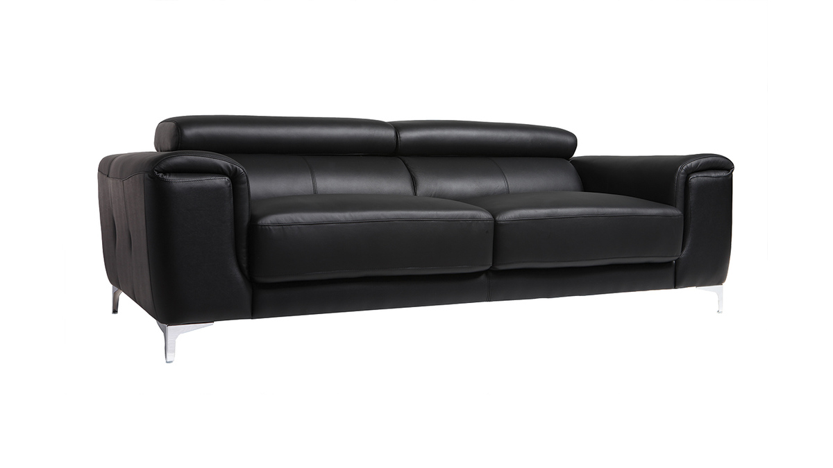 Canap design avec ttires ajustables 3 places en cuir noir et acier chrom NEVADA