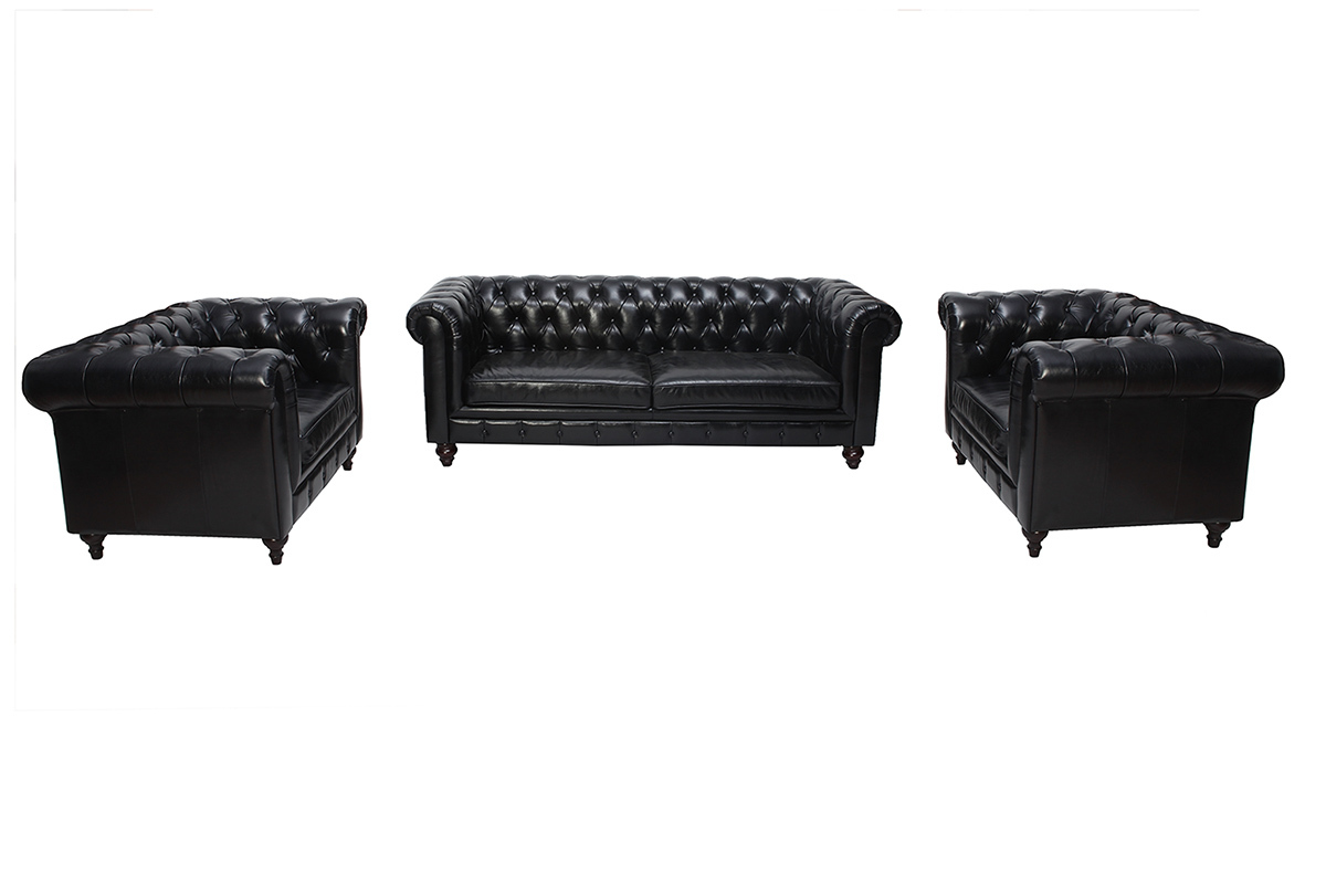 Canap� design cuir noir 3 places CHESTERFIELD - cuir de buffle
