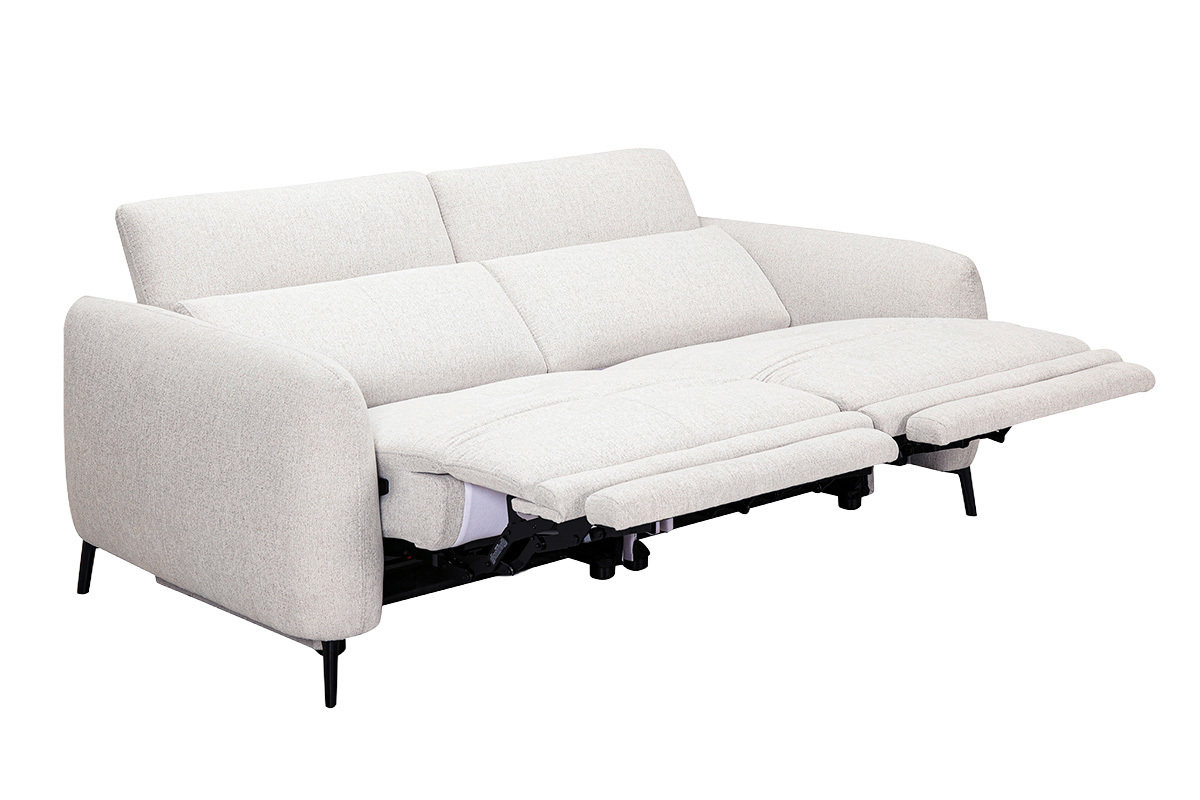 Canap� �lectrique 3 places avec t�ti�res ajustables et repose-pieds en tissu effet velours textur� beige et m�tal TIGNES