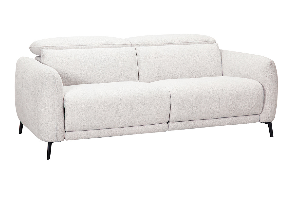 Canap� �lectrique 3 places avec t�ti�res ajustables et repose-pieds en tissu effet velours textur� beige et m�tal TIGNES