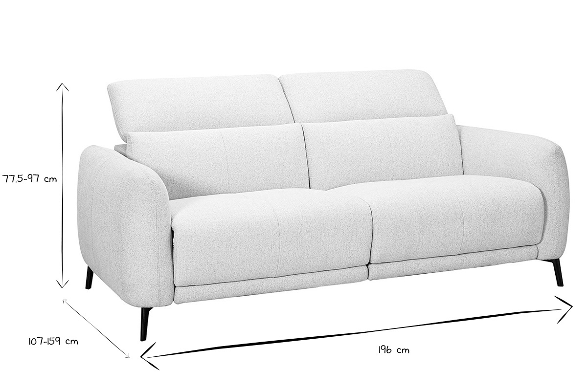 Canap� �lectrique 3 places avec t�ti�res ajustables et repose-pieds en tissu effet velours textur� beige et m�tal TIGNES