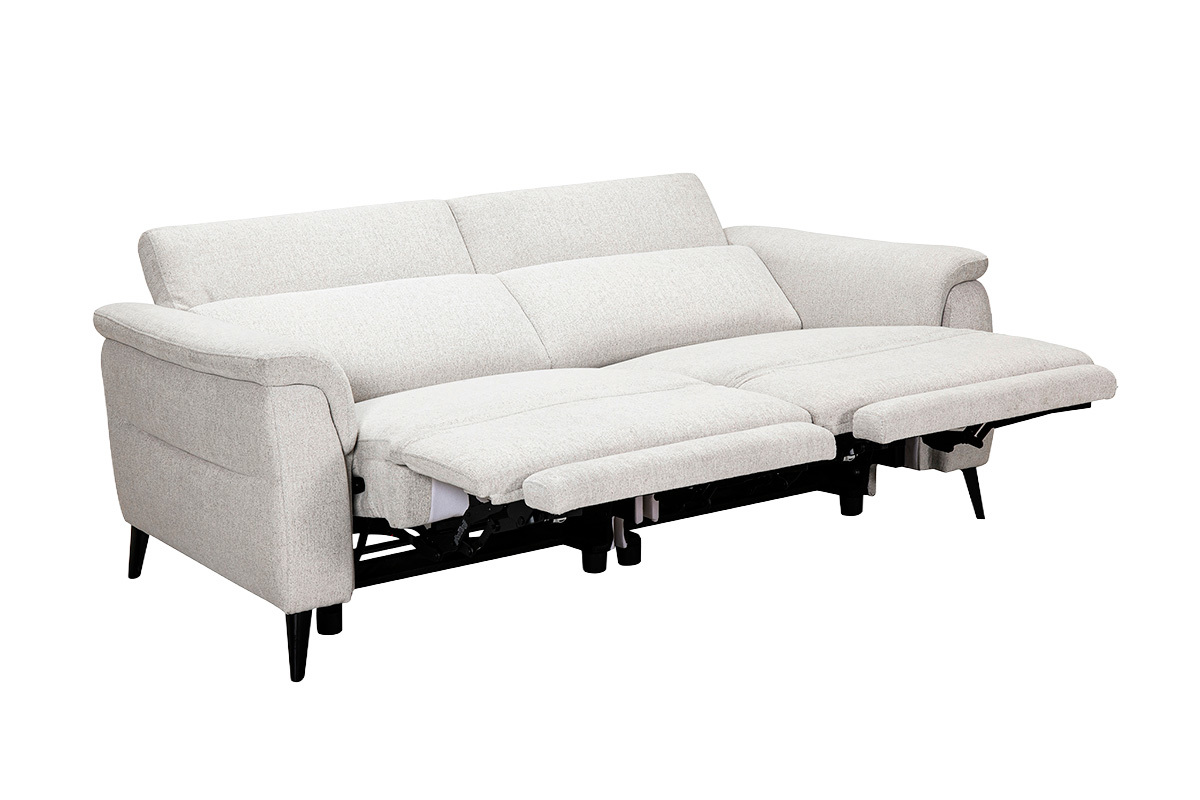 Canap� �lectrique 3 places avec t�ti�res ajustables et repose-pieds en tissu effet velours textur� beige et m�tal VERBIER