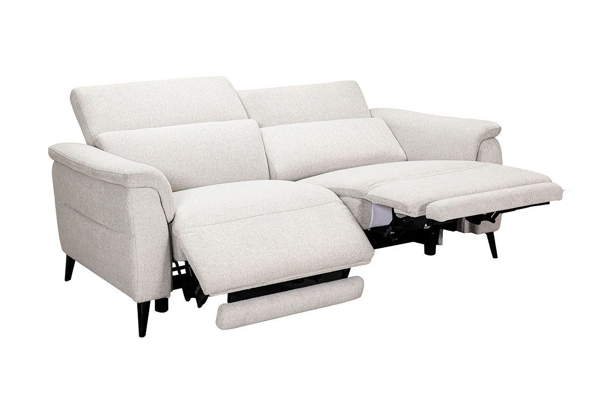 Canap� �lectrique 3 places avec t�ti�res ajustables et repose-pieds en tissu effet velours textur� beige et m�tal VERBIER